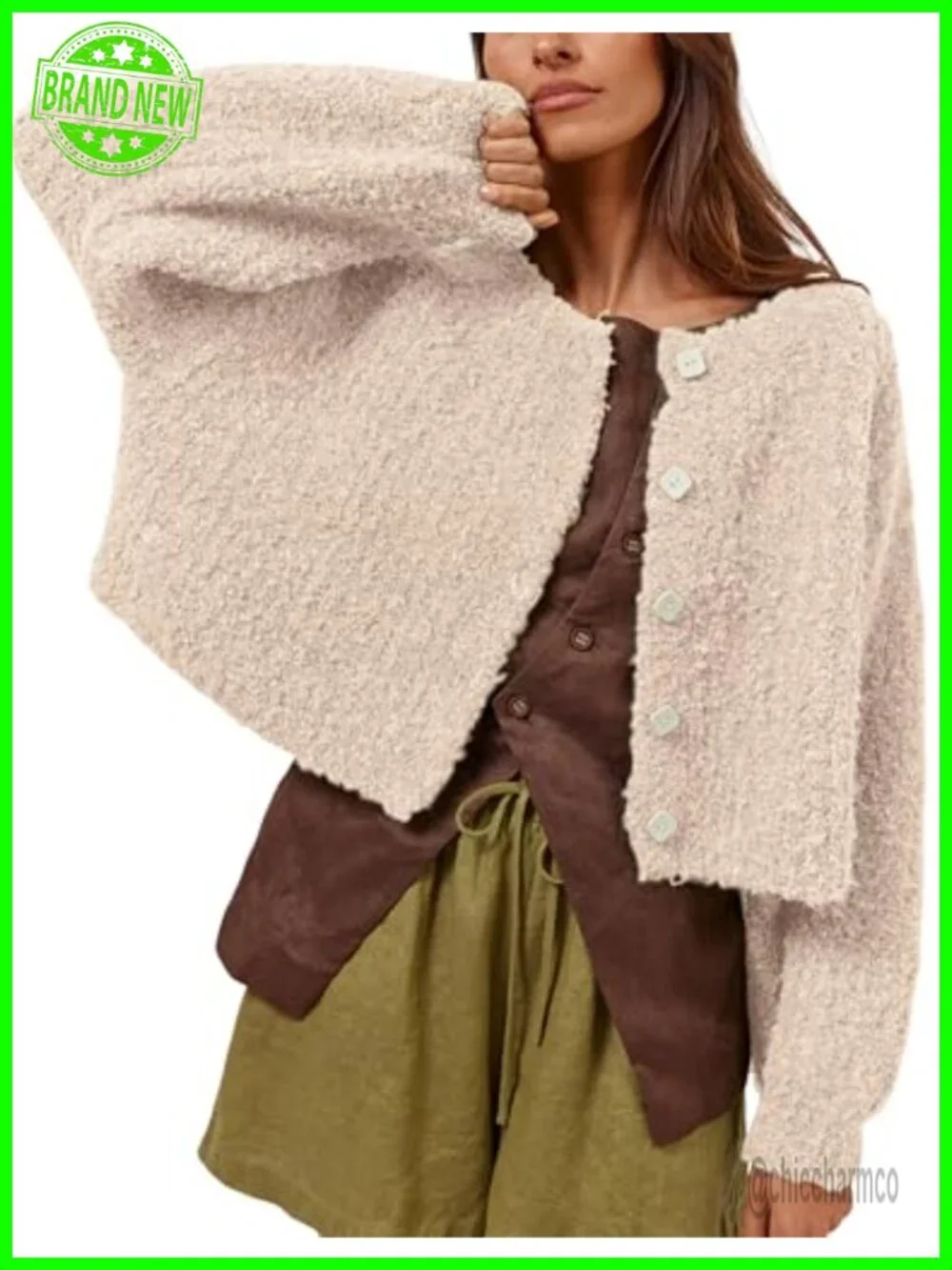 Women Cropped Knit Cardigan Long Sleeve Button Front Open Fluffy Sweater Jacket